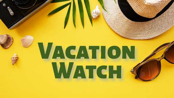 Flat lay of summer items on a bright yellow background—straw hat, sunglasses, camera, seashells, and tropical leaves—with bold text reading “VACATION WATCH.”
